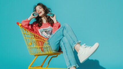 "Trendy Young Woman Relaxing in Shopping Cart with Headphones"