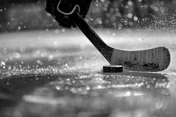Closeup of Hockey Stick and Puck on Ice Rink During Game in Black and White