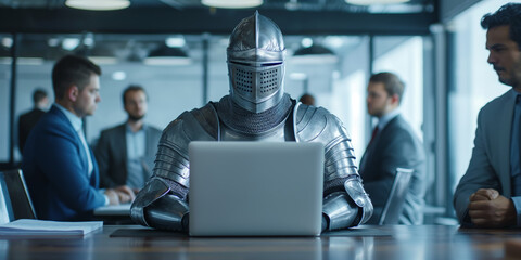 Medieval Knight in Full Armor Working on Laptop in Modern Office with Business Team