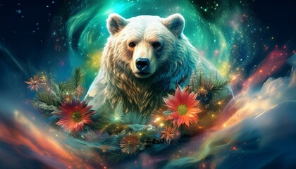Fototapeta premium Brown bear surrounded by Christmas presents