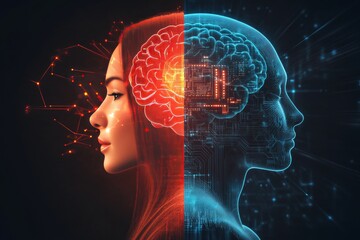 Obraz premium Two female profiles in red and blue with visible brains symbolizing the duality between creativity and logic and the contrast between human cognition and artificial intelligence