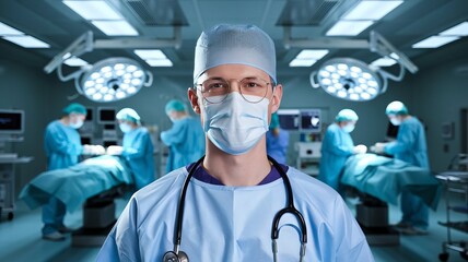 Surgeons in the operating room and the operating team preparing to perform a medical procedure.