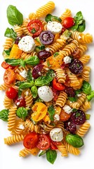 Pasta salad with vegetables and mozzarella cheese isolated on white background