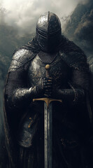 Obraz premium Medieval knight holding sword in misty landscape