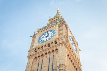 View of the Big Ben tower in Westminster, London, UK. It is a UNESCO World Heritage Site