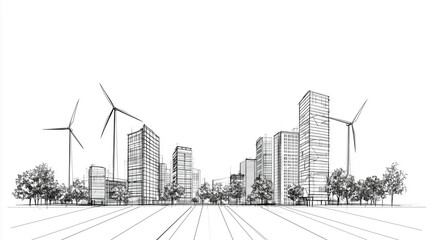Obraz premium Modern Architectural Sketch of Cityscape with Trees, Wind Turbines, and Straight Lines in Black and White