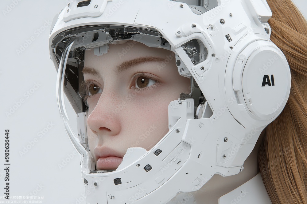Poster portrait of a young female humanoid robot with a helmet and ai logo symbolizing the development of a