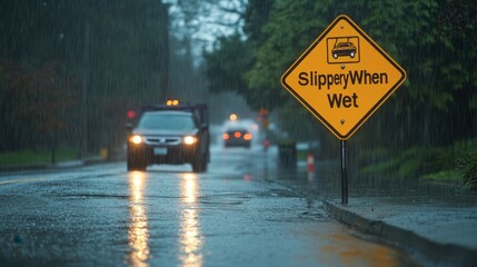 A "Slippery When Wet" sign on a rainy day, with wet pavement and vehicles driving cautiously.