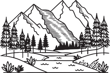 Obraz premium Nature Landscape Line Art, A tranquil outdoor scene in vector style