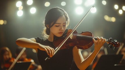 Fototapeta premium A soloist performing in front of an orchestra, passionately playing a violin concerto under bright stage lights.