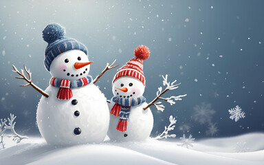 Fototapeta premium A happy couple of snowmen on Christmas night isn't only a cheerful symbol of Christmas and New Year but also friendship, love and mutual respect. The atmosphere of expectation of a miracle. Hand Drawn