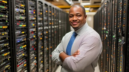 Confident IT Professional Smiling with Arms Crossed in Server Room, Data Center Technology Concept