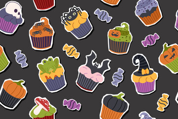 Halloween seamless pattern of sweet treats stickers isolated on black background. Halloween food. Halloween banner.