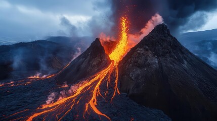 A volcanic eruption with molten lava flowing down the mountainside, ash clouds darkening the sky