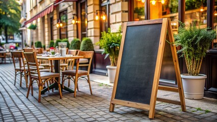 Empty chalkboard menu display stands in front of a quaint cafe, awaiting daily specials and offerings to be scrawled in bold white chalk marks.