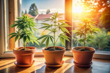 Fototapeta premium Three luscious home-grown cannabis plants in a small flower pot sit on a sunny window sill, surrounded by natural light and a serene home atmosphere.