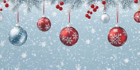 Christmas ornaments in red, blue, and silver with snowflake patterns hanging from snow-covered pine branches against a snowy background