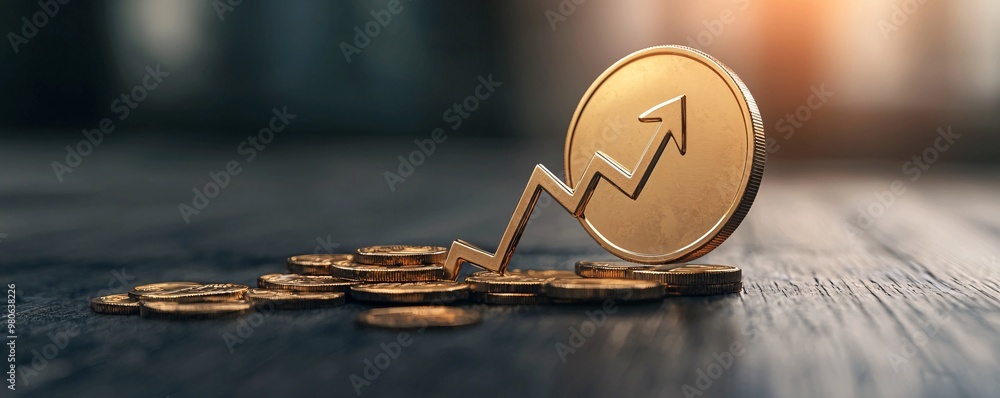 Poster gold coin with a down arrow embedded, symbolizing the fall in interest returns