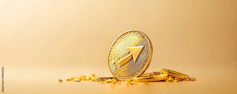 Poster gold coin with a down arrow embedded, symbolizing the fall in interest returns