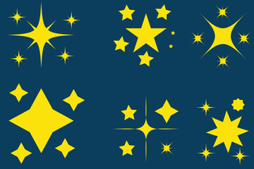 Hand drawn gold star sparkle shine of doodle set. Yellow star shine twinkle glow, spark glitter, magic party light vector illustration. Hand drawn sketch doodle style line sparkle elements