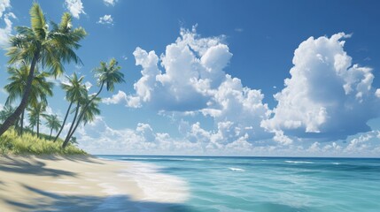 A tropical island beach with palm trees and soft clouds scattered across the blue sky above the horizon.