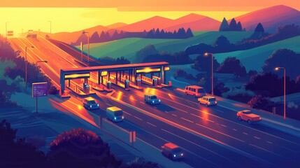 Sunset View of Highway Toll Booth with Scenic Landscape