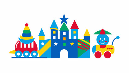Fototapeta premium A logo vector featuring a colorful and playful design of a toy train, castle, and robot, created with bright primary colors and simple geometric shapes, ideal for children's entertainment
