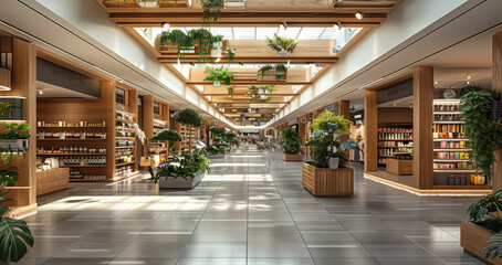 Interior shopping mall with wooden elements. and below is one floor full of various stores selling products. Green plants adorn some walls, ceiling features skylights and wood beams. Generative AI.
