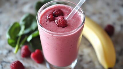 A vibrant fruit smoothie made with berries, bananas, and spinach, served in a clear glass with a straw.