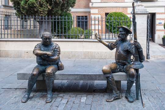 Alcala de Henares, Madrid. September 03, 2024: House and museum of Miguel de Cervantes Saavedra, author of Don Quixote. Sculpture of Don Quixote and Sancho Panza