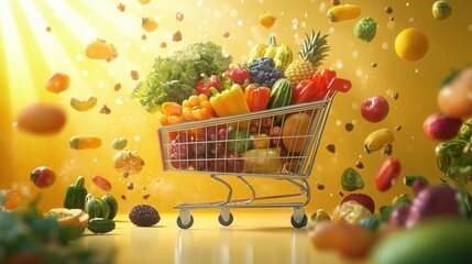 Vibrant Shopping Cart Overflowing with Fresh Fruits and Vegetables