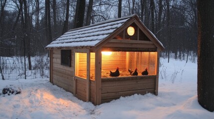 A well-built chicken coop designed for winter, with insulation and a heat lamp to keep the hens warm. © phattharabodin