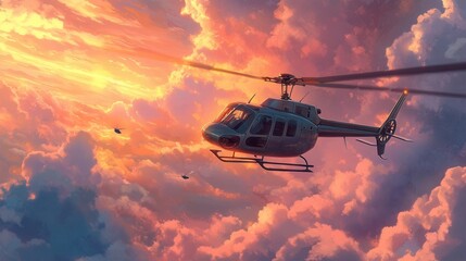 Helicopter Flying Through Colorful Sunset Clouds