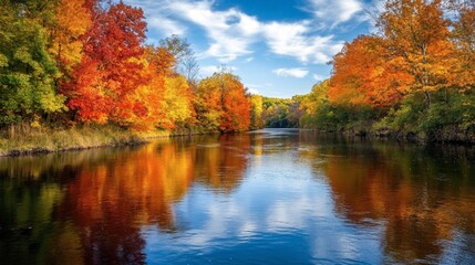 A wide, slow-moving river reflecting the vibrant colors of autumn trees lining both banks on a crisp day.