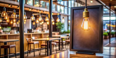 Vibrant empty billboard with blurred pub background, elegant lightbulb, and modern empty menu board, perfect for promoting sales, products, and special offers in a stylish cafe.