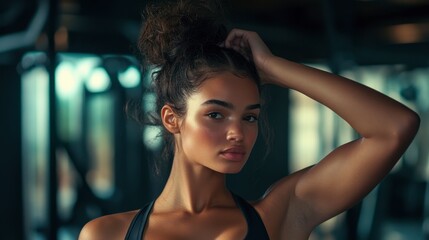 A woman pulling her hair into a bun with a black rubber band, standing in front of a gym mirror with equipment in the background.