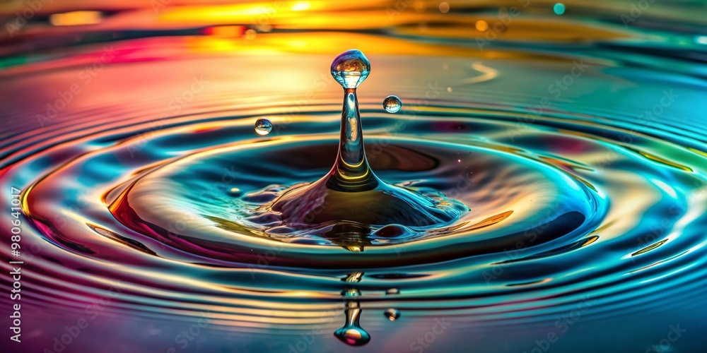 Poster vibrant close-up of a single water droplet colliding with a calm surface, creating a mesmerizing spl