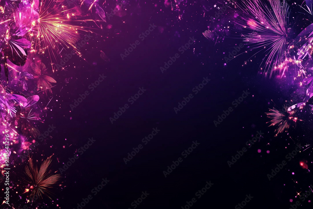 Poster purple and gold fireworks exploding creating a border on a gradient background diwali