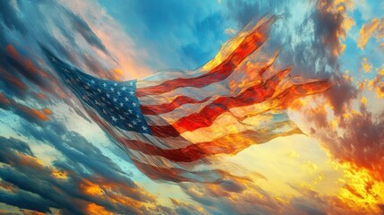 "Waving American Flag Against Dramatic Sunset Sky"