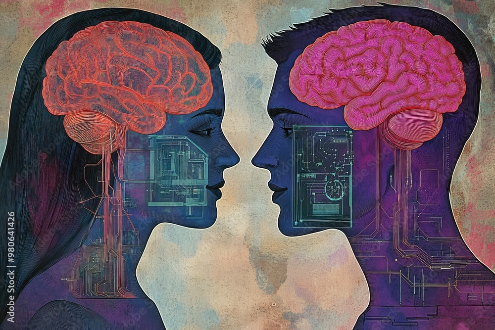 Poster two faces with neural circuitry and pink brains against a dark background symbolizing the convergenc