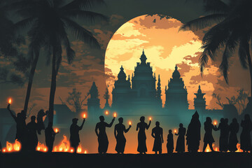 People holding torches walking towards temple at sunset