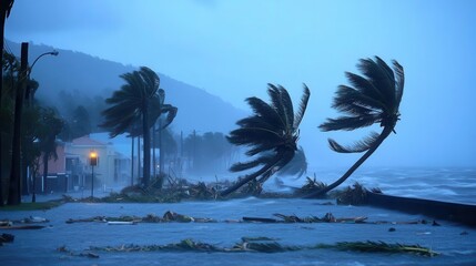 Hurricane-force winds bending palm trees and blowing debris across a coastal town