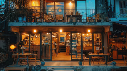 In the evening, in front of an old building with modern glass windows and wooden doors, inside were various furniture such as tables, chairs, sofa, plants, tea sets, and warm lighting. Generative AI.