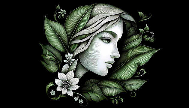 Portrait ein Frauenkopf mit langem Haar, das von gr&uuml;nen und wei&szlig;en Blumen umspielt wird. Schwarzer Hintergrund. Poster, Karte, Illustration.