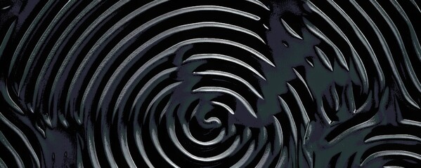 Black Geometric abstract background with fingerprint pattern. 3D plastic labyrinth texture banner. Soft spiral embossed background.	