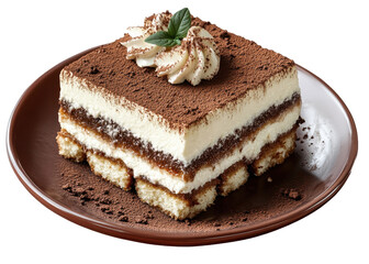Classic tiramisu slice with cocoa powder dusting on a plate with a transparent background.