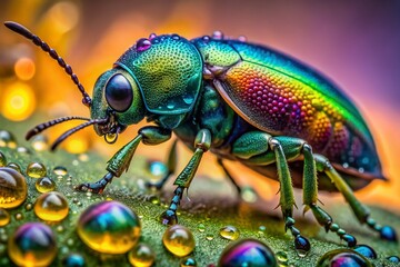 Fototapeta premium Vibrant macro shot of glistening water droplets adhering to the intricate details of a colorful insect's body, showcasing nature's beauty and fragile coexistence.