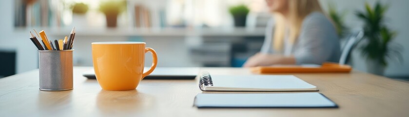 Fototapeta premium Professional woman on a virtual meeting, with an organized workspace and notebook, reflecting efficiency and effective communication from home