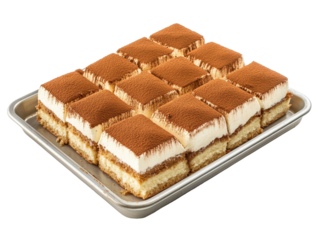 Tiramisu square slices in a baking tray on a transparent background.