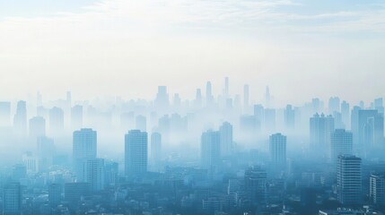Overheated cityscape with a hazy, smog-filled sky and heatwaves distorting the buildings